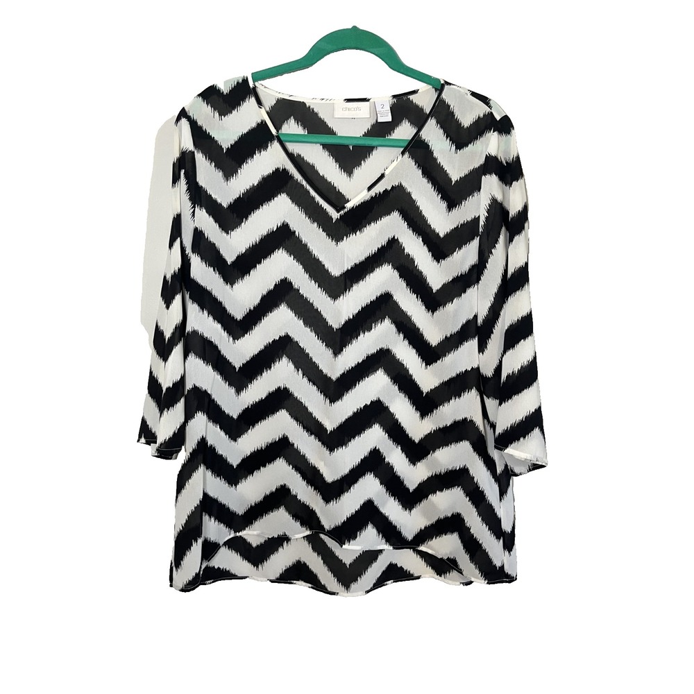 Chicos Chevron Tunic Top L Sheer Preppy Classic Resort Coastal Whimscial